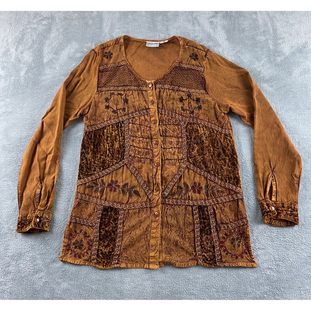 Speed Limit MPH Womens Brown Patchwork Embroidered Boho Rayon Button Top M